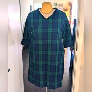 Global Work L French Linen Blend Navy Blue and Green Plaid Tunic